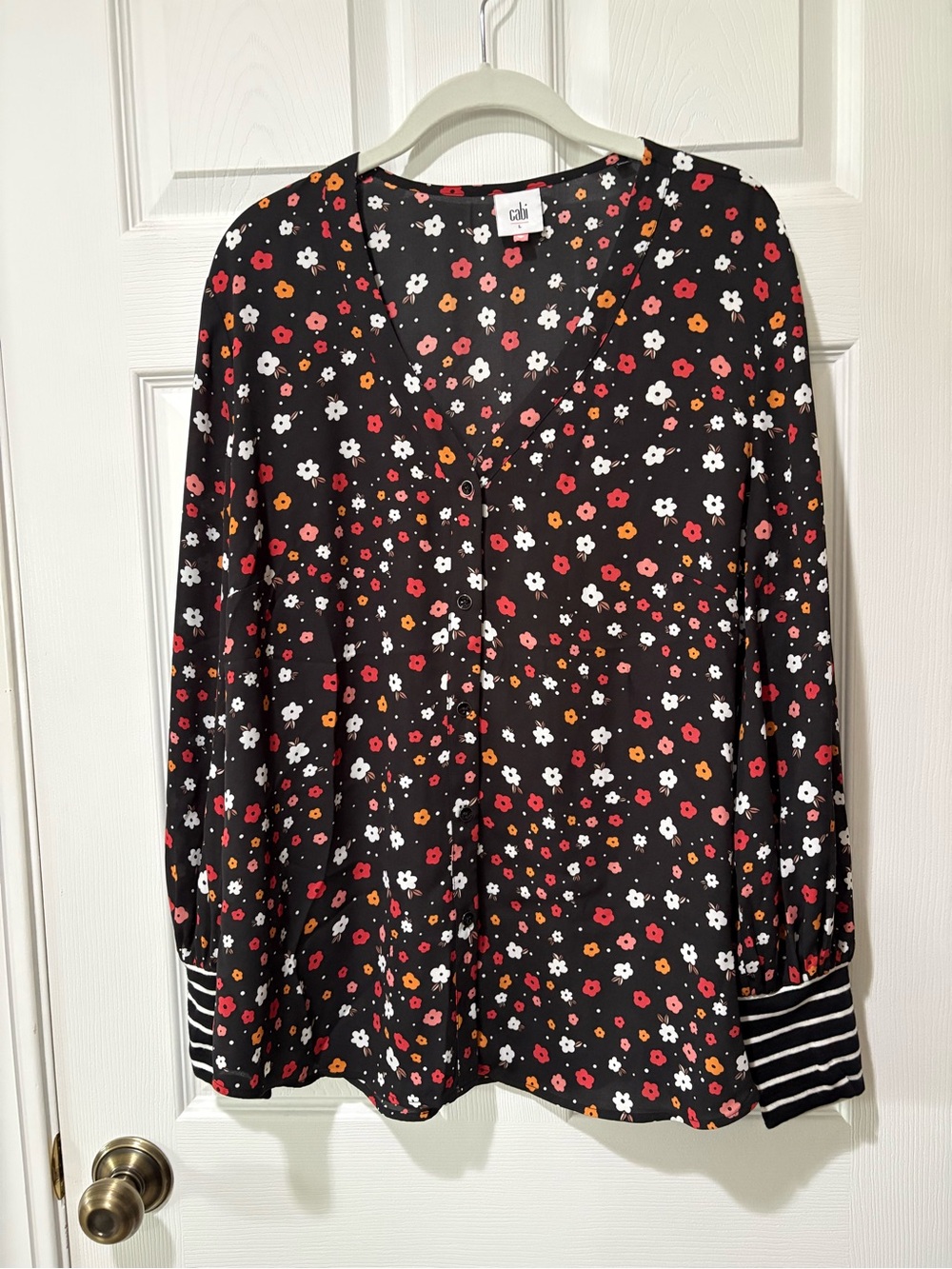 CAbi Black Floral Button-Down Blouse with Striped Cuffs